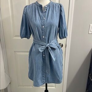 GAP Mini Dress Puff Sleeve Mock Neck  Lt Wash Indigo Relaxed Fit Tie Belt Size S